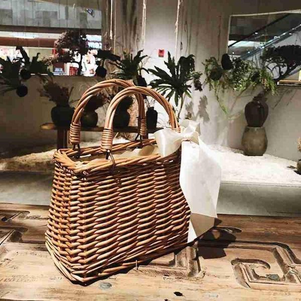 

handmade rattan wicker handbag with ribbon women summer bohemian beach bucket basket female woven straw storage handbags bags