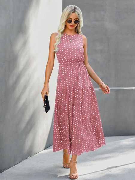 

polka dot sleeveless ruffle hem a-line dress 96q4#, Black;gray