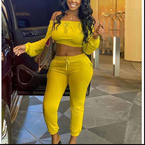 

womens tracksuits fashion off shoulder women two piece set lemon green slash neck crop and slim pant streetwear, Gray