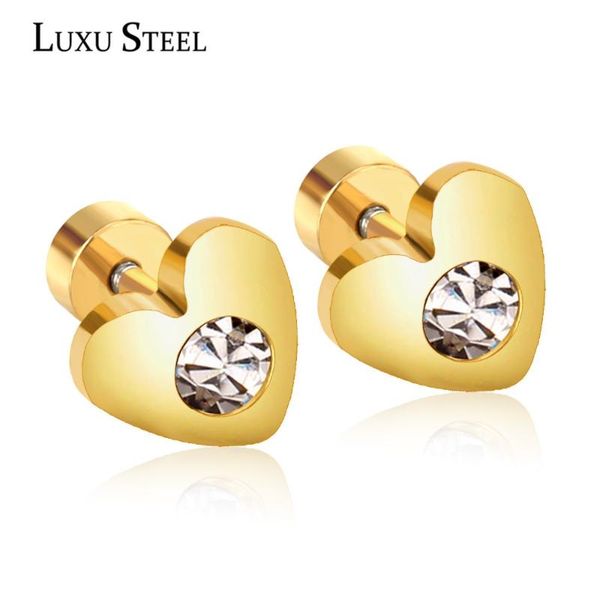 

round cubic zirconai love heart screw stud earrings bijoux party stainless steel women accessories wedding gift, Golden;silver