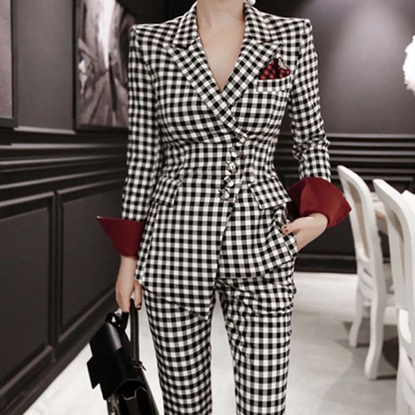 

women's pants & capris 2021 autumn business women 2 piece suit set long-sleeved asymmetric plaid blazer and pant office lady suits, Black;white