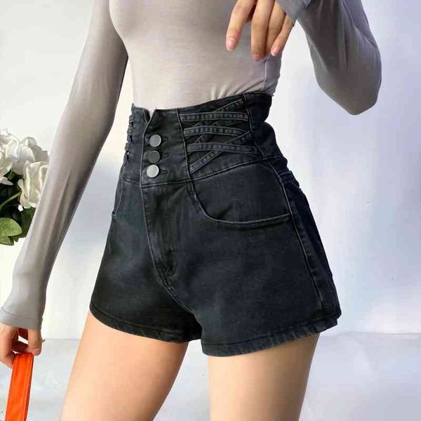 

side strap ultra high waist women short hip raise slimming jeans street fashion loose wide leg hollow lace up shorts, White;black