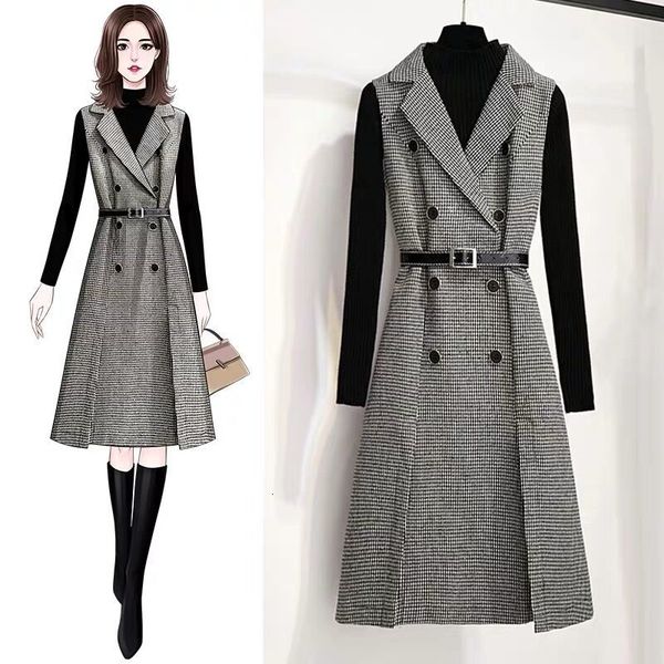 

casual dresses autumn winter women houndstooth sleeveless notched collar double-breasted split office tweed plaid midi dress with, Black;gray