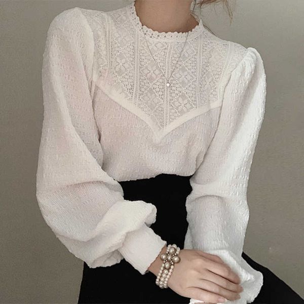 

lace patchwork loose puff sleeves stand solid shirt blouse women 210615, White