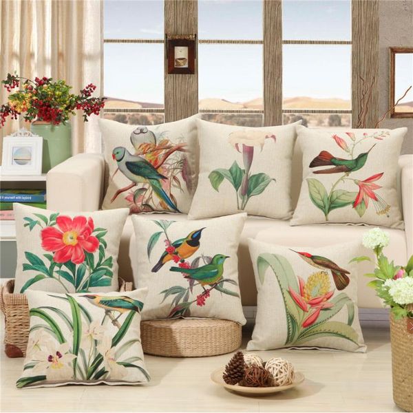 

45x45cm pillow cover flower birds spring printed cushion cotton linen home sofa seat decorative throw pillowcase cushion/decorative