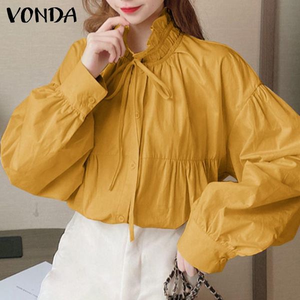 

women's blouses & shirts 2021 vonda spring women long lantern sleeve casual solid color ol office shirt elegant bohemian blusas, White