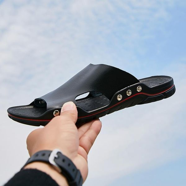 

slippers 2021 leather men comfortable solid open toe sandals summer rome masculino beach, Black