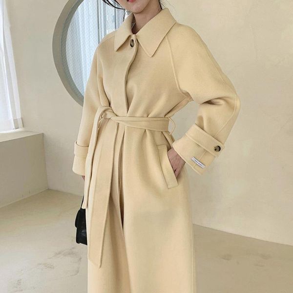 

women's wool & blends [ewq] turn down collar women long woolen coat femme casaco abrigo minimalism clothing 2021 autumn with belt, Black