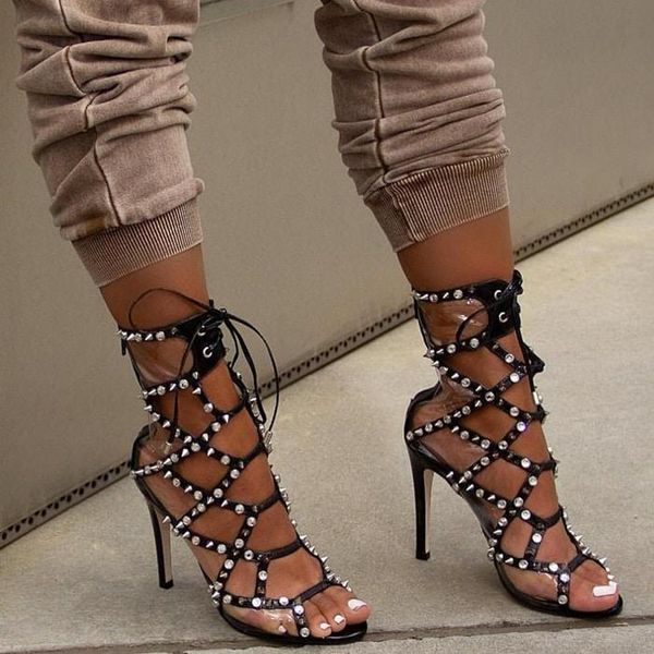 

moraima snc est pvc patchwork high heel sandals for woman peep toe rivets studded lace-up shoes leather cutouts heels, Black