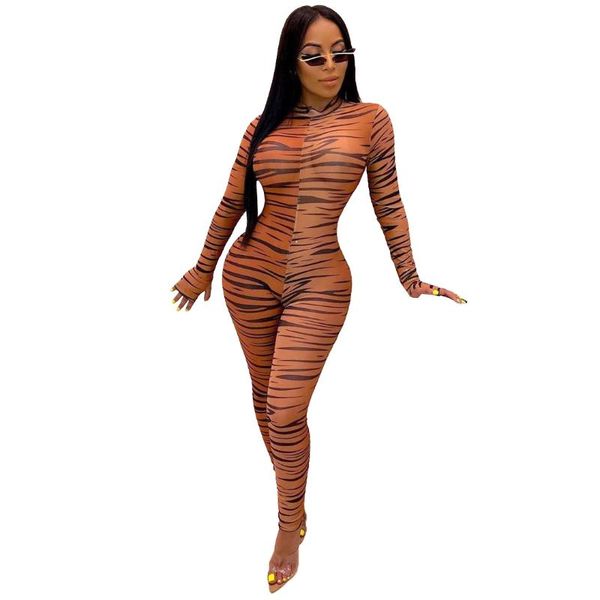 

women's jumpsuits & rompers women sheer mesh leopard print female autumn perspective mock neck long sleeve outfits clubwear party overa, Black;white