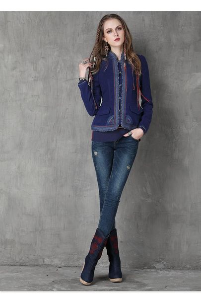 

women's wool & blends winter style pankou small suit retro personality embroidery slim woollen short coat, Black