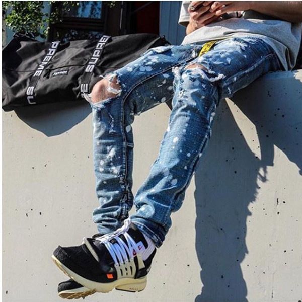 

men's jeans fashion streetwear ripped vintage blue color the homme zipper skinny for men