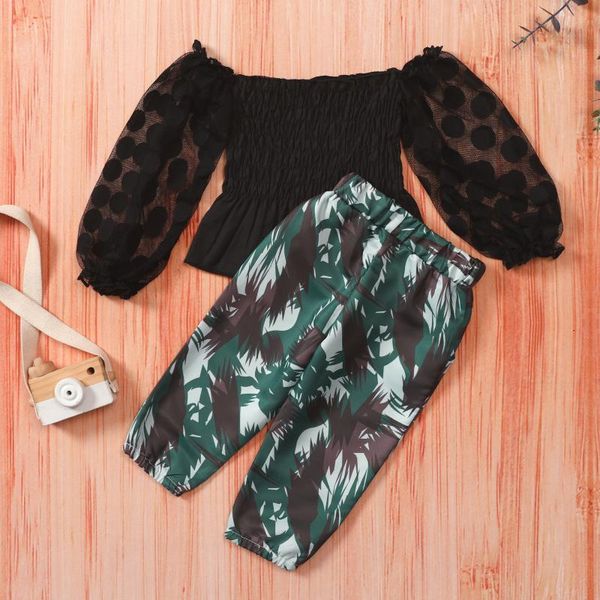 

clothing sets baby girls clothes autumn kids mesh puff long sleeve ruffle shirts camouflage pants children outfits 1-6y, White