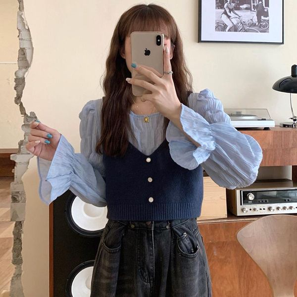 

women's blouses & shirts knitted waistcoat wear in with vest folded over short two-piece jacket shirt, White