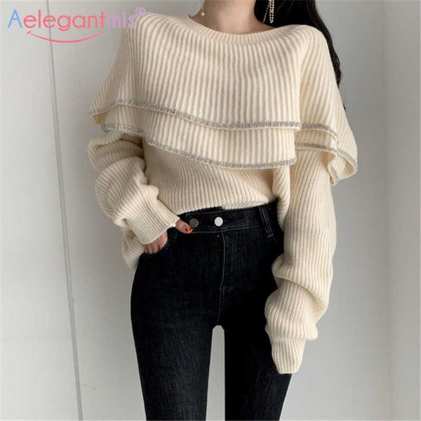

aelegantmis korean style casual double ruffle loose pullovers women soft warm knitted sweater female elegant chic jersey mujer 210607, White;black