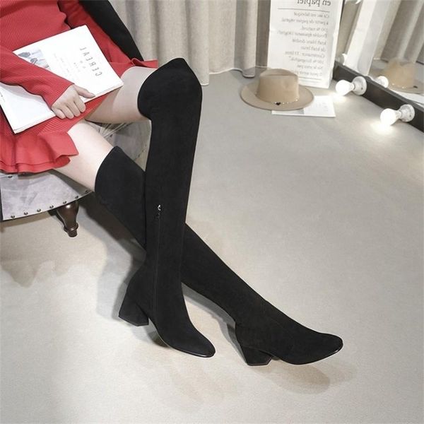 

boots mid heeled women's in autumn and velvet high tube over the knee knight boots, thick heel shoes, Black