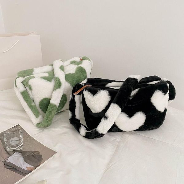 

evening bags women shoulder bag retro contrast color crossbody casual heart print plush messenger large-capacity handbags