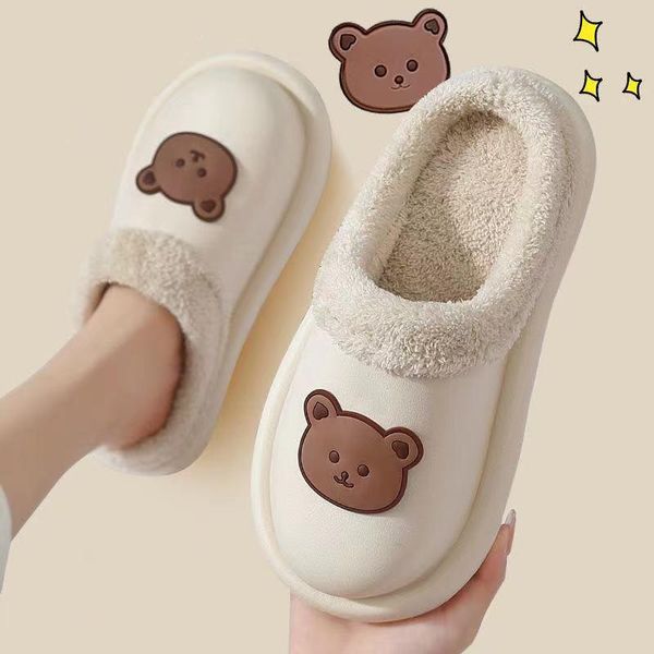 

slippers women's home cozy warm cartoon bear platform shoes water proof non-slip slides memory foam soft plush cotton, Black