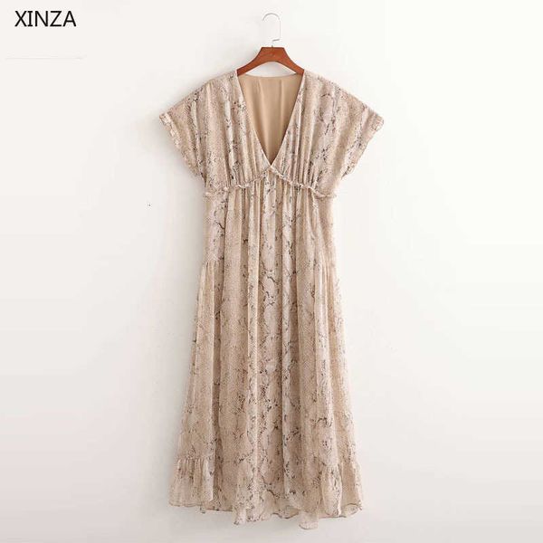 

casual dresses women vintage chiffon short sleeve snake print summer woman chic ruffle pleated midi party b82q, Black;gray