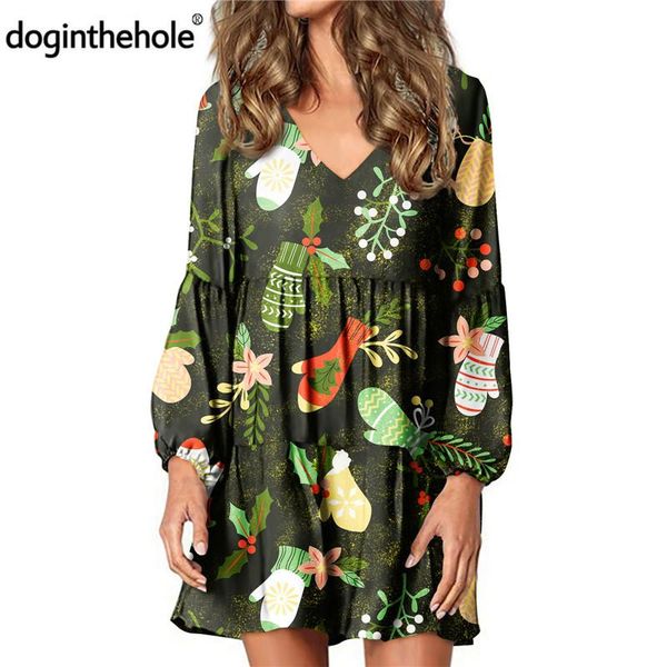 

casual dresses doginthehole green christmas tree pattern women swing dress cute cartoon style tunic for teen girls streetwear, Black;gray