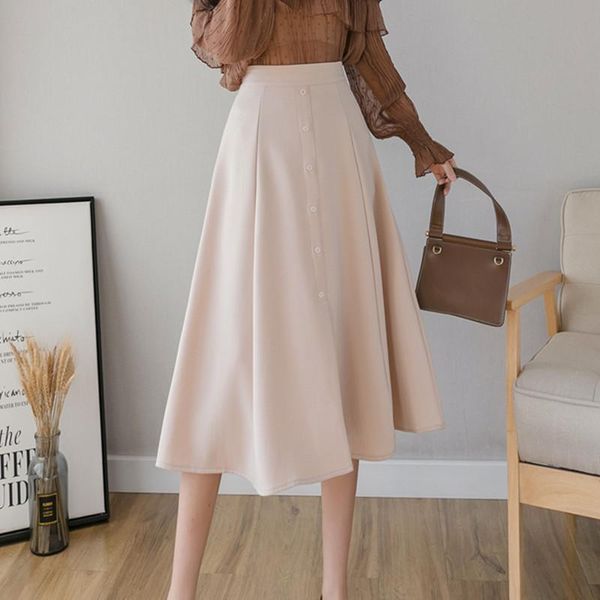 

skirts korean womens skirt elegant office lady elastic waist a-line plus size xl woman solid midi faldas mujer moda, Black