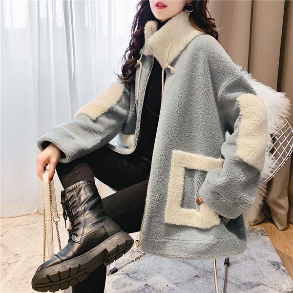 

women's wool & blends 2021 korean autumn and winter lamb coat clothing all-match mid-length plus velvet parka coats jackets women, Black