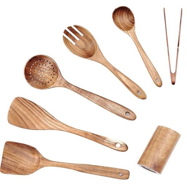 

dinnerware sets wooden kitchen utensil set (7 pc), spoons and spatulas for cooking, smooth teak utensils, holder,and tongs