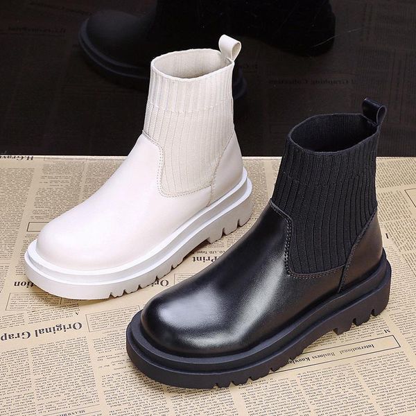 

boots ankle woman slip-on shoes fashion knitted elastic round toe short platform square heels leather women, Black