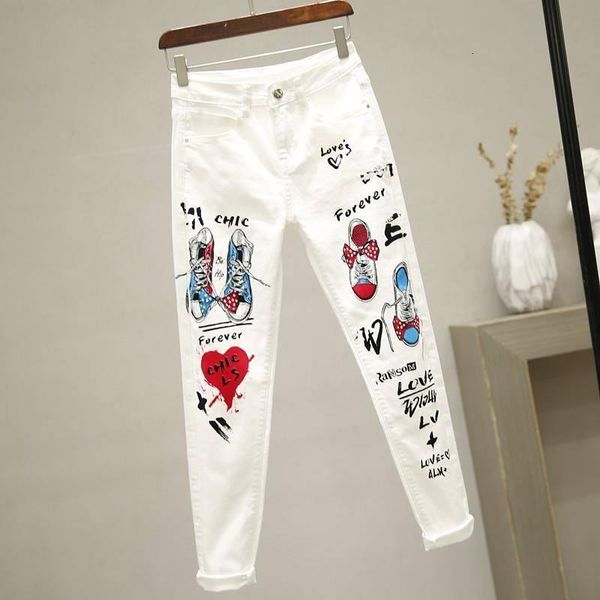 

women's jeans women white skinny denim pants cartoon graffiti print stretched autumn slim body pencil ladies plus size y77 zepx, Blue