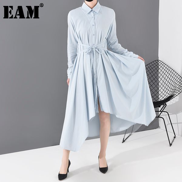 

[eam] women blue asymmetrical hem bandage dress lapel long sleeve loose fit fashion spring autumn jo665 210512, Black;gray