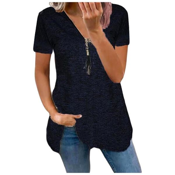

women's blouses & shirts fashion solid tassel zipper shirt for women v-neck short sleeve plus size t-shirt harajuku clothing, White