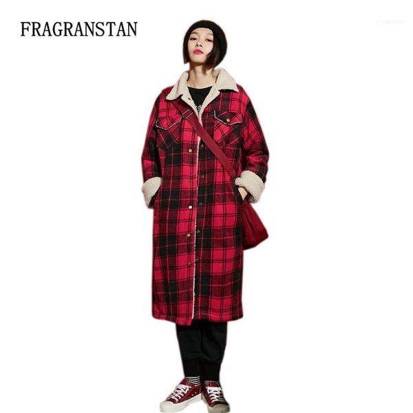 

women's wool & blends 2021 autumn winter women red plaid lambswool thicken warm woolen coats black casual turn down collar female vesti