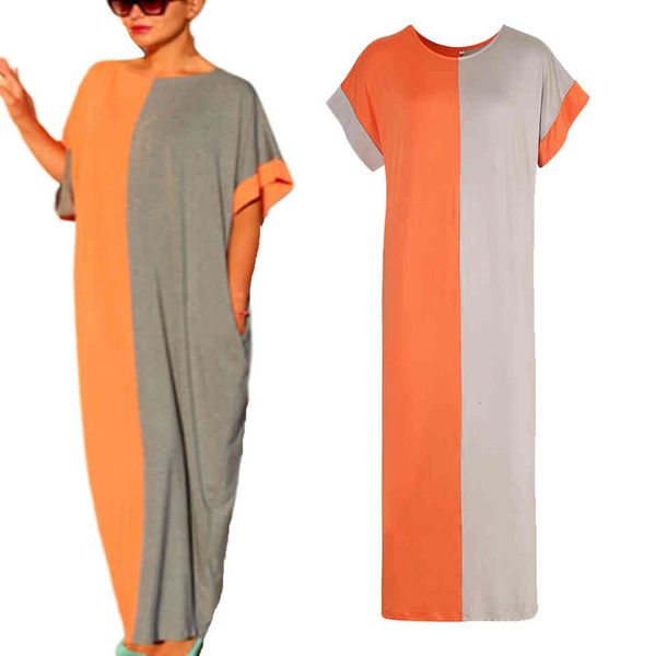 

half color contrast shreds sukienka bat asa dress maxi plus size around the neck dressed casual female robe femme 2021, Black;gray