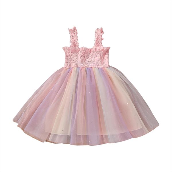 

summer 1 5years kids girls girl dress casual fashion princess rainbow print strap lace tulle backless party clothes, Red;yellow