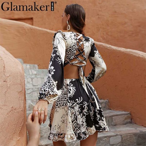 

glamaker chiffon floral printed hollow out dress women summer ruffles lantern sleeve a-line mini dress fashion vestidos 211023, Black;gray