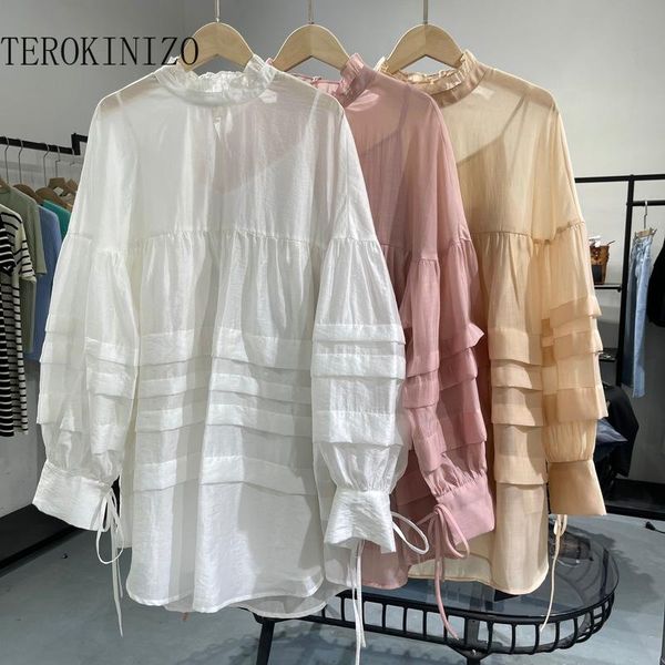 

casual dresses terokinizo stand collar long sleevee dress women robe femme korean style loose lace up chic vestidos mujer, Black;gray