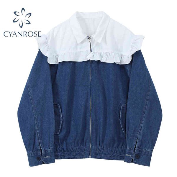 

new ruffle peter pan collar spliced denim coat streetwear sweet zipper jeans jackt vintage elegant baggy casual blue female 210417, Black;brown