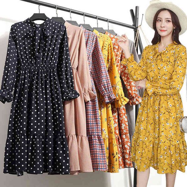 

women floral print chiffon dress spring summer vintage female casual flare sleeve ruffles bow midi dresses vestidos 210521, Black;gray