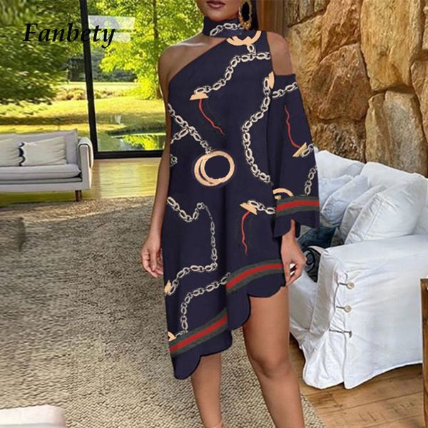 

one-shoulder long sleeve party dress spring vintage halter loose irregular dress elegant women print ruffle dresses vestido x0521, Black;gray