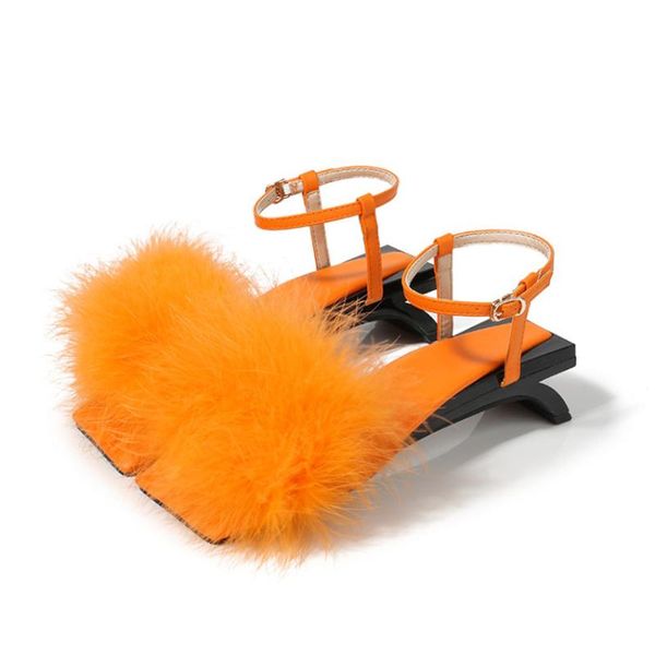 

sandals womens feather fur open toe irregular heel slingbacks shoes summer leather fashion arrival 2022, Black