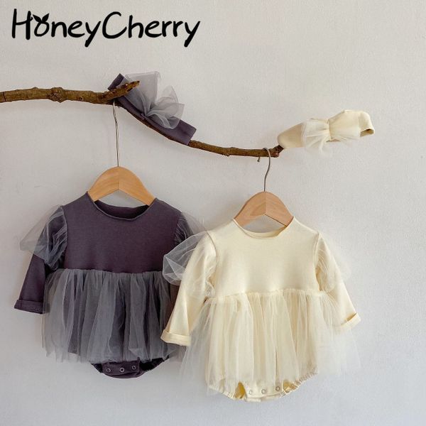 

spring baby round neck long-sleeved lace romper cotton princess 210515, Blue