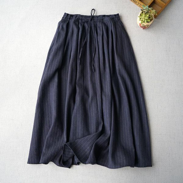 

skirts spring autumn women casual loose plus size comfortable cotton linen elastic waist all-match striped black