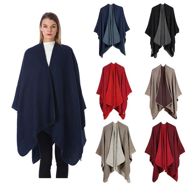 

scarves autumn and winter simple cloak women's solid color double-sided split to increase thickening imitation cashmere warm shawl, Blue;gray