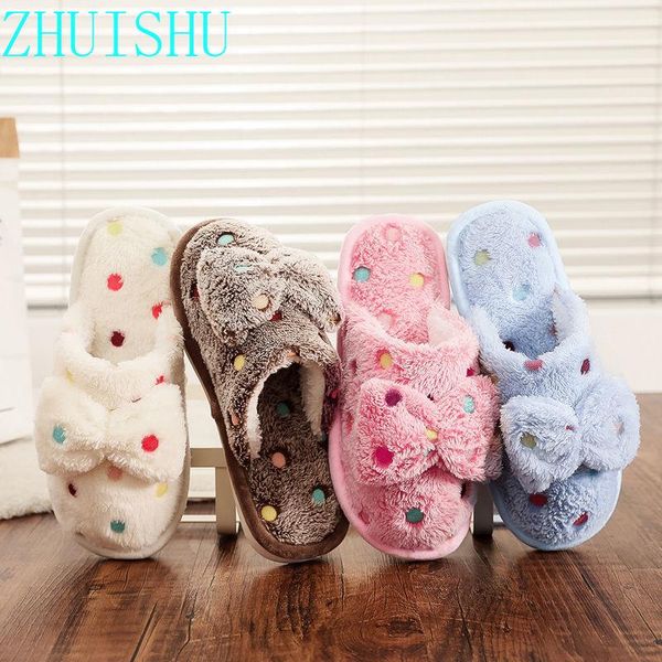 

autumn and winter cute cotton slippers female indoor home furry couple korean fashion bow all-match zapatos para mujer, Black