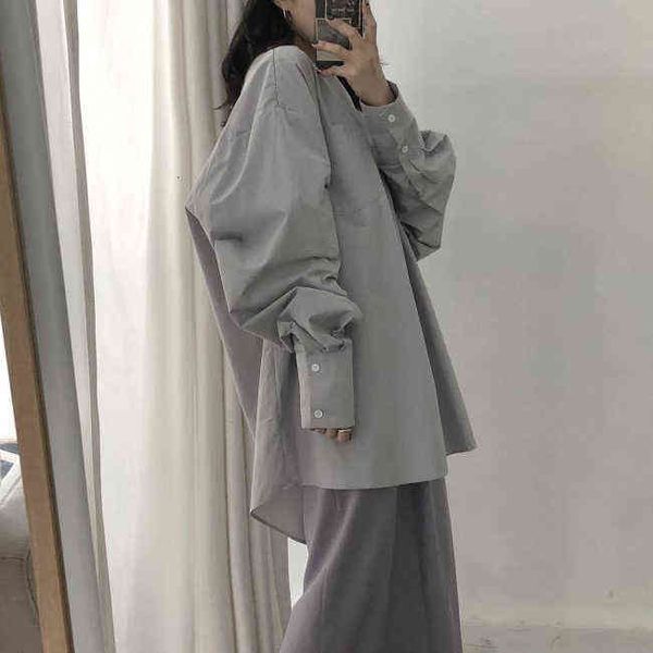 

casual dresses korean ins medium and long pullover solid loose round neck shirt, Black;gray