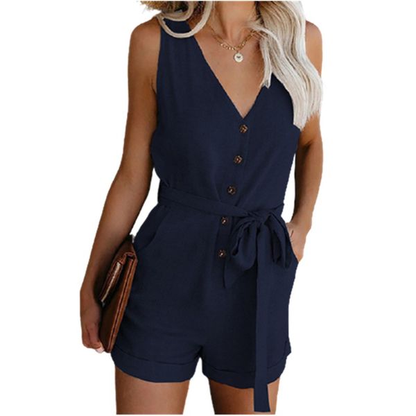 

2021 women playsuit summer v neck sleeveless button belt bow casual jumpsuit solid plus size romper fashion black white overalls