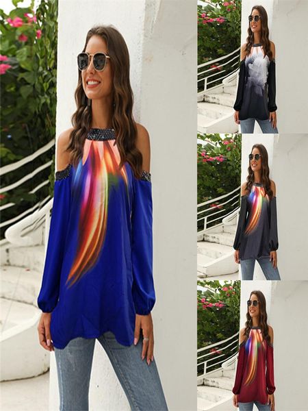 

european and american style fall fashion plus size long-sleeved off-the-shoulder printed t-shirt women's blouses & shirts, White