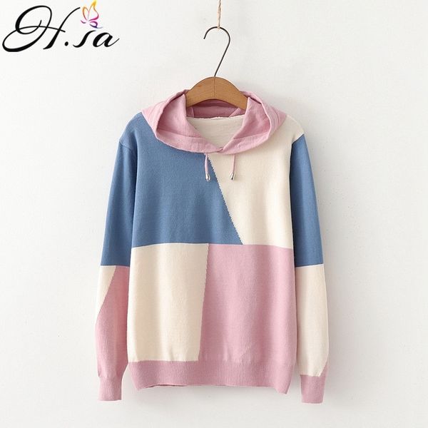 

hsa women winter hoodies sweaters sweet cute patchwork pullover contrast jumpers fall chic pull sweater knit 210417, White;black