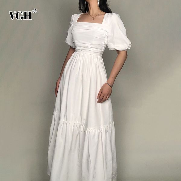 

vgh vintage white dress for women square collar puff short sleeve high waist elegant maxi dresses female summer fashion new 210421, Black;gray