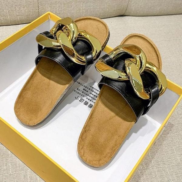 

slippers shoes woman flat sandals casual metal chain strap summer beach rubber sole pu upper low heel flip flops walk cool, Black